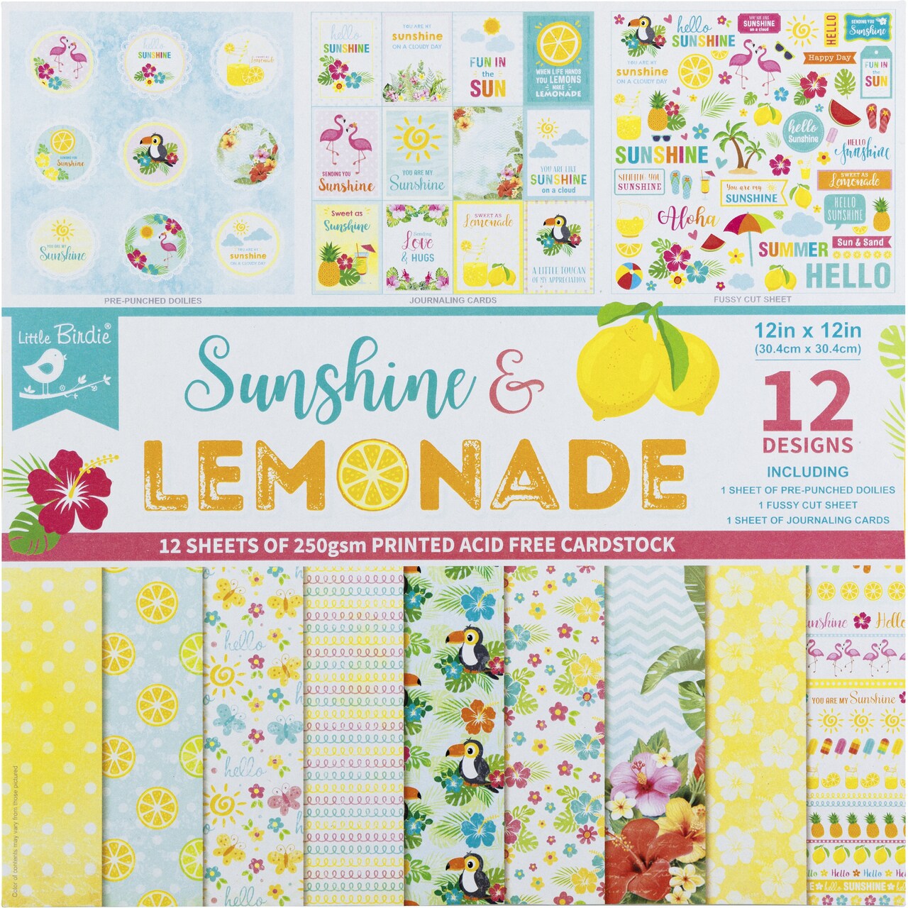 Little Birdie Cardstock Pack 12"X12" 12/Pkg-Sunshine & Lemonade